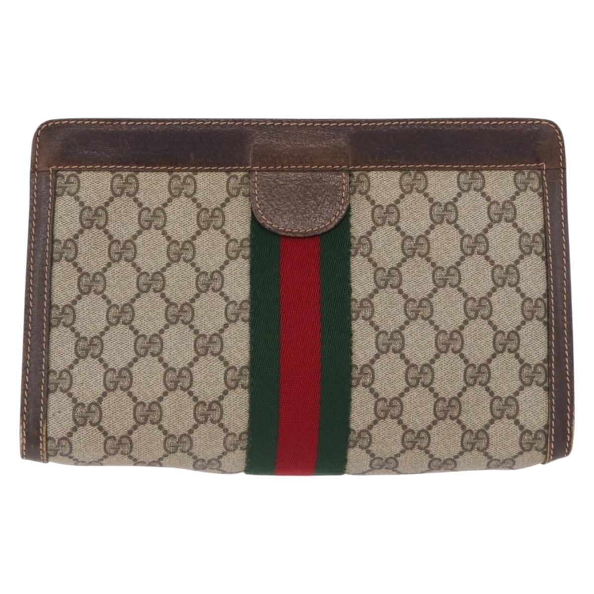 GUCCI GG Supreme Web Sherry Line Clutch Bag PVC 2 Set Beige Auth bs36351