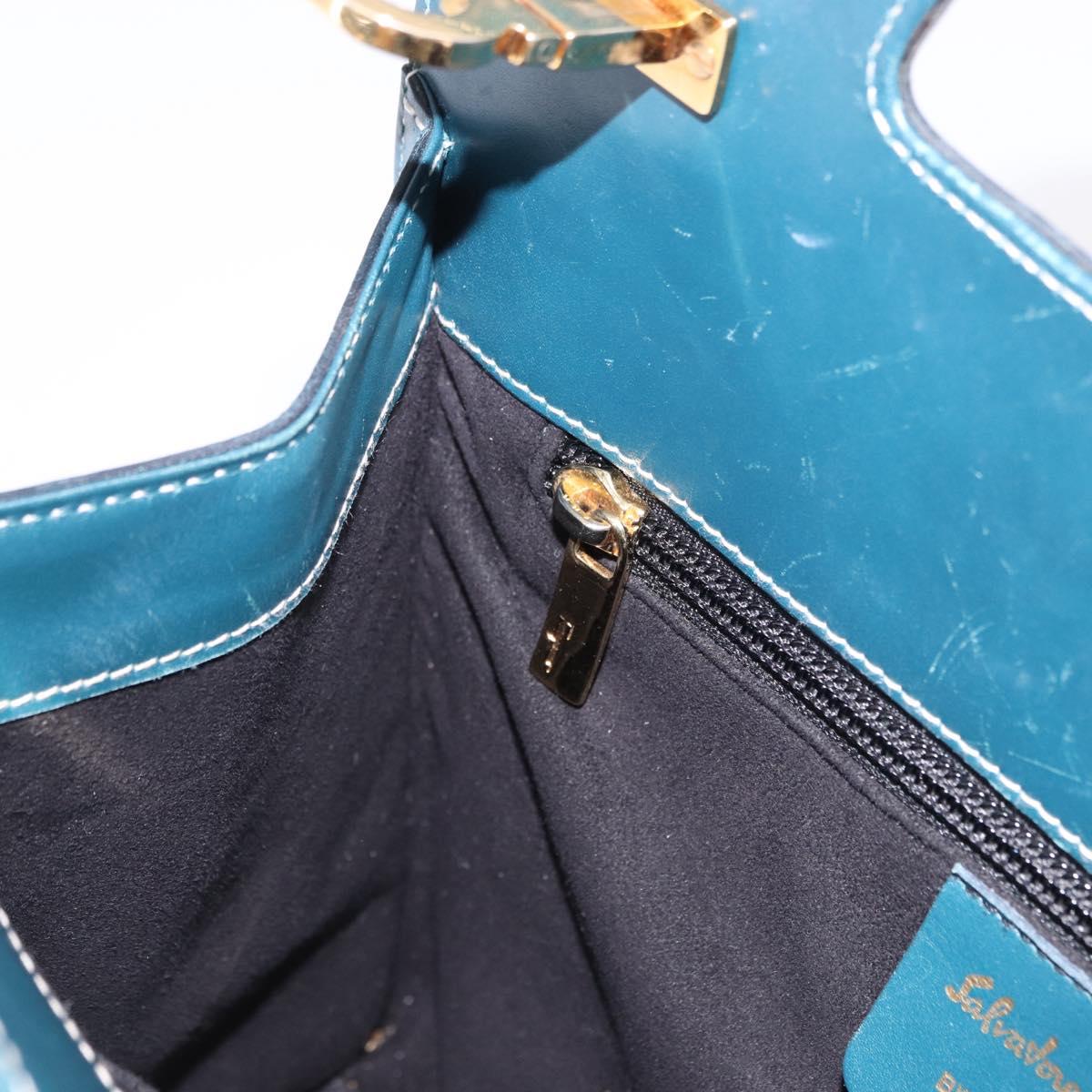 Salvatore Ferragamo Gancini Hand Bag Leather Blue Gold Auth bs36361