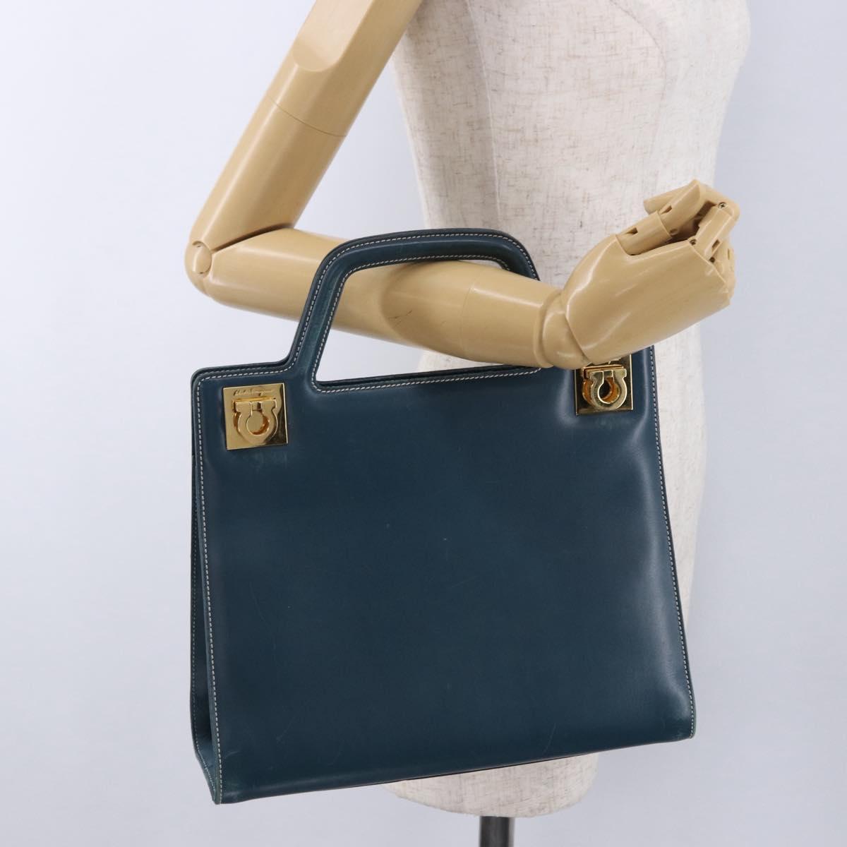Salvatore Ferragamo Gancini Hand Bag Leather Blue Gold Auth bs36361