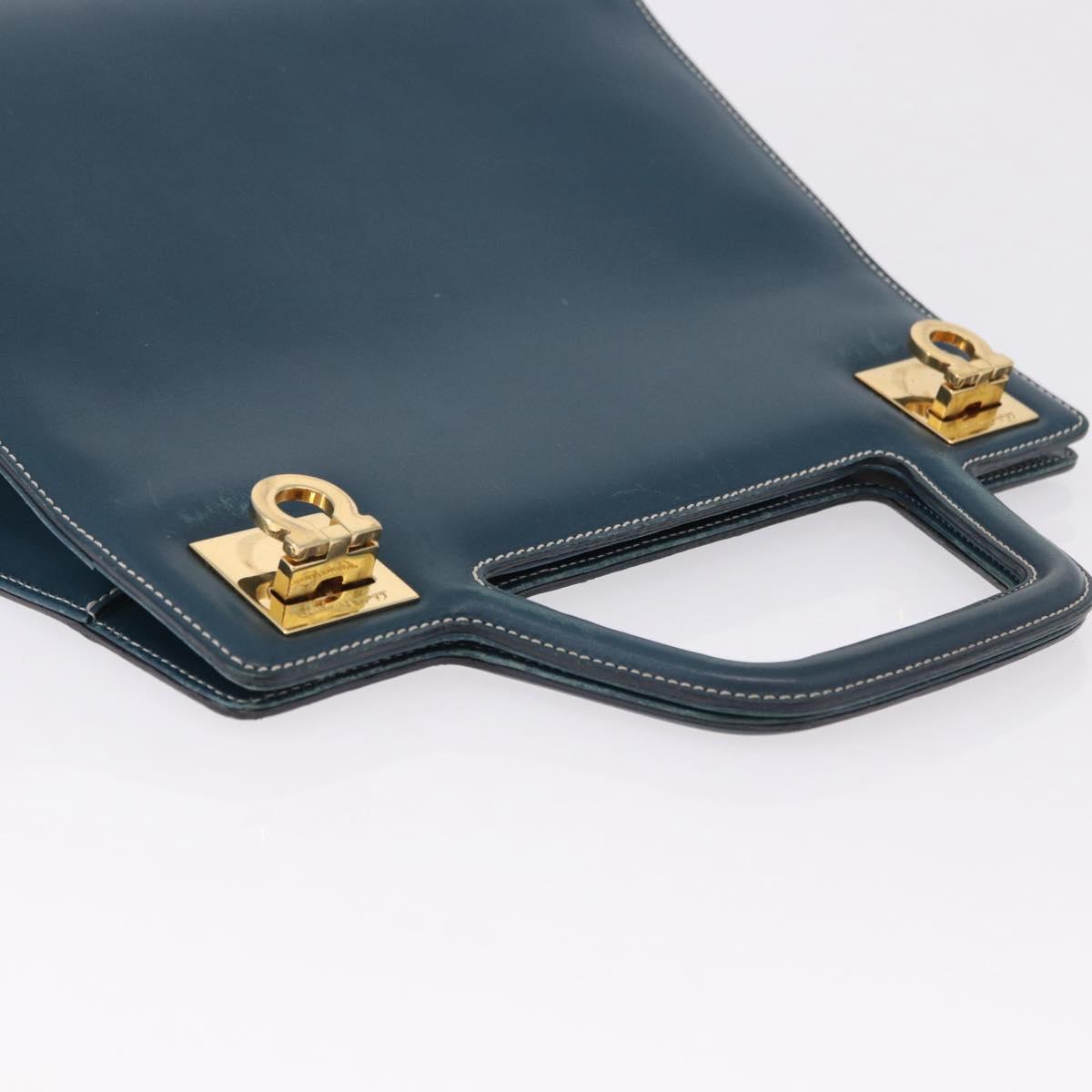 Salvatore Ferragamo Gancini Hand Bag Leather Blue Gold Auth bs36361