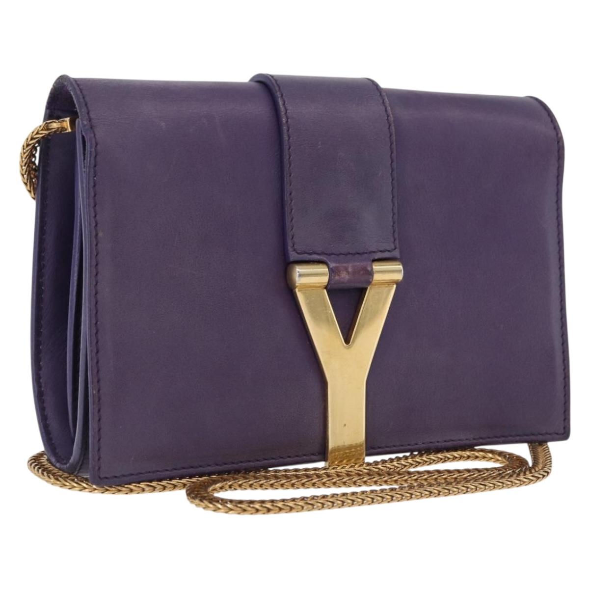 SAINT LAURENT Classic Y Line Chain Satchel Small Bag Leather Purple Auth bs36364