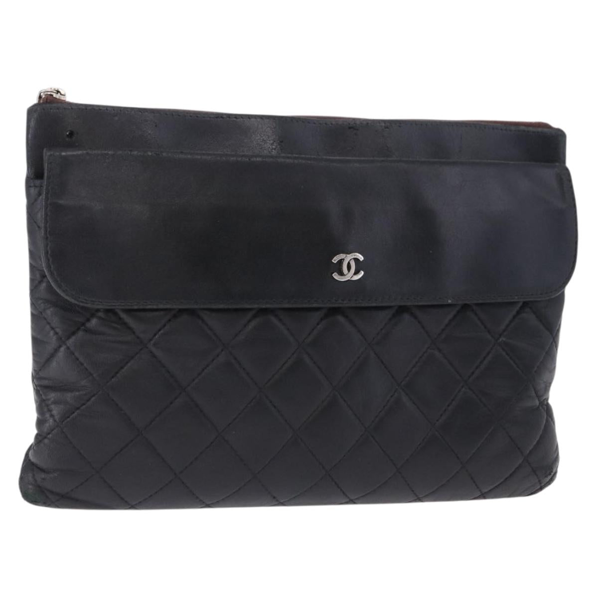 CHANEL Matelasse Clutch Bag Lamb Skin Black Silver CC Auth bs36365