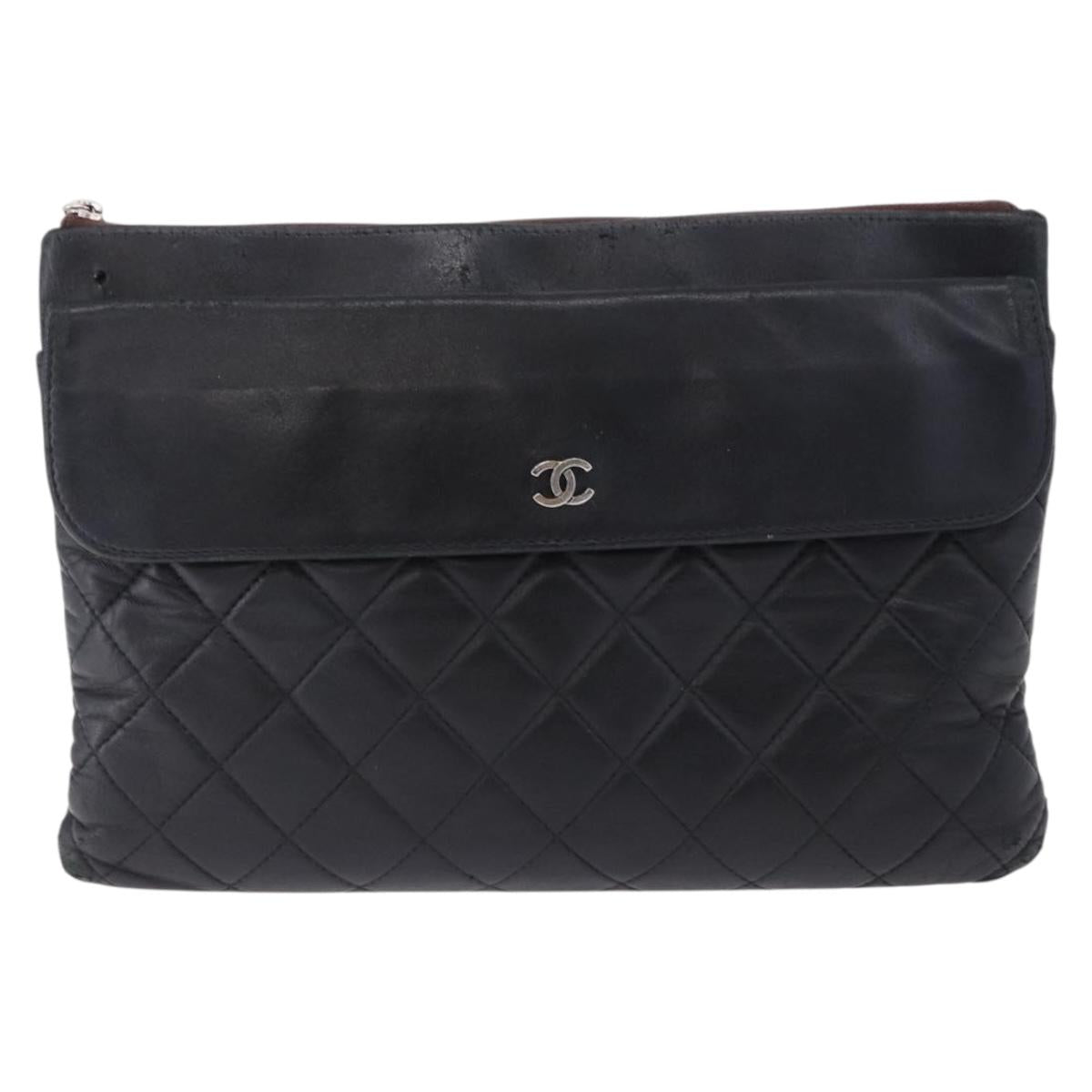 CHANEL Matelasse Clutch Bag Lamb Skin Black Silver CC Auth bs36365