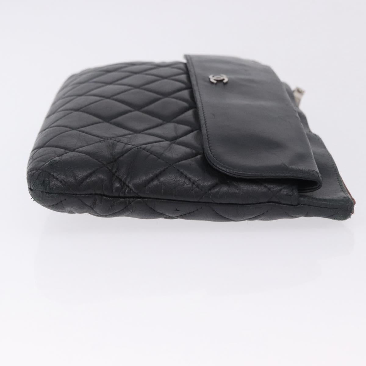 CHANEL Matelasse Clutch Bag Lamb Skin Black Silver CC Auth bs36365