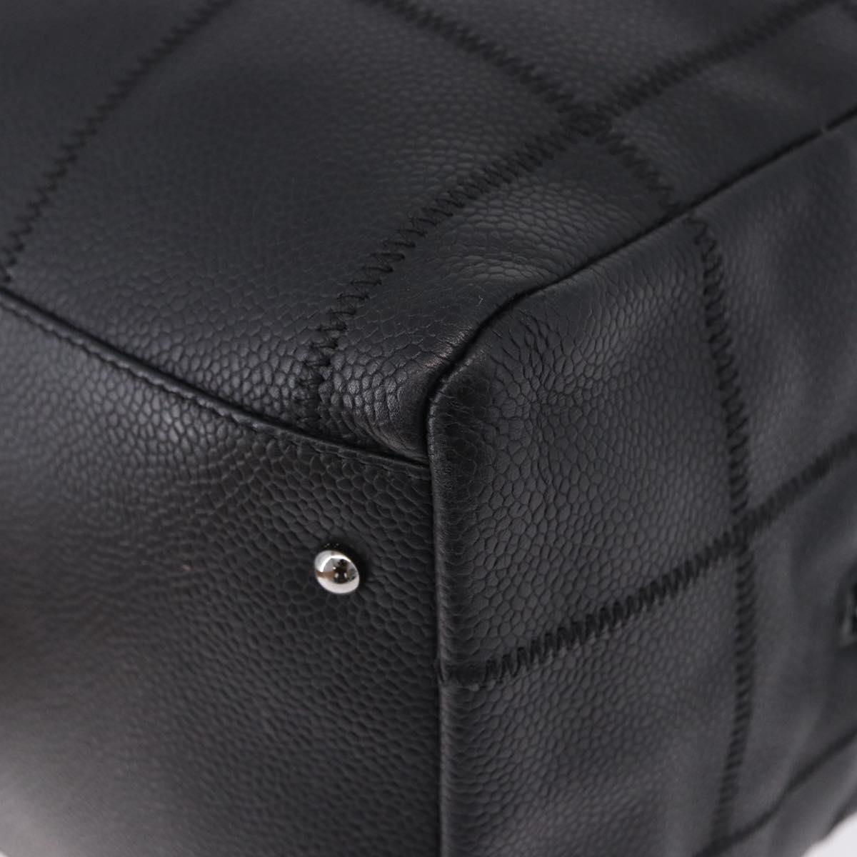 CHANEL Choco Bar Hand Bag Caviar Skin Black Silver CC Auth bs36366