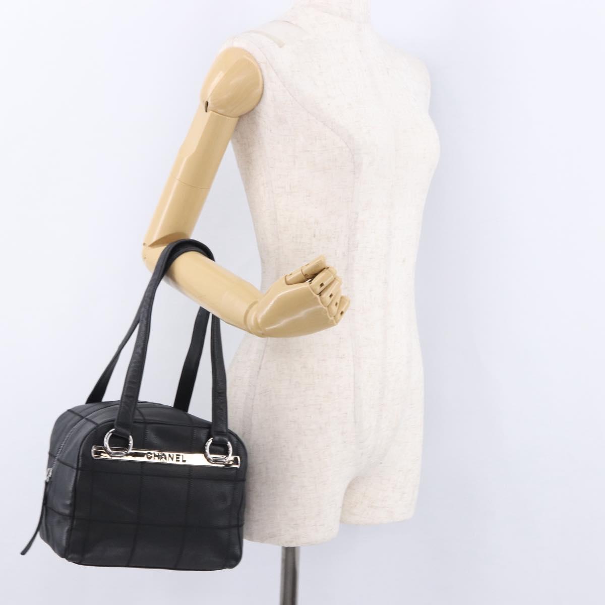 CHANEL Choco Bar Hand Bag Caviar Skin Black Silver CC Auth bs36366