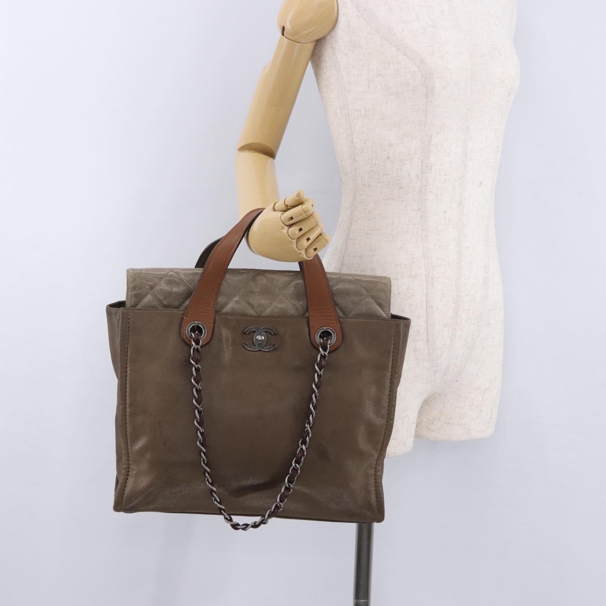 CHANEL Matelasse Chain Hand Bag Leather 2way Brown Silver CC Auth bs36367