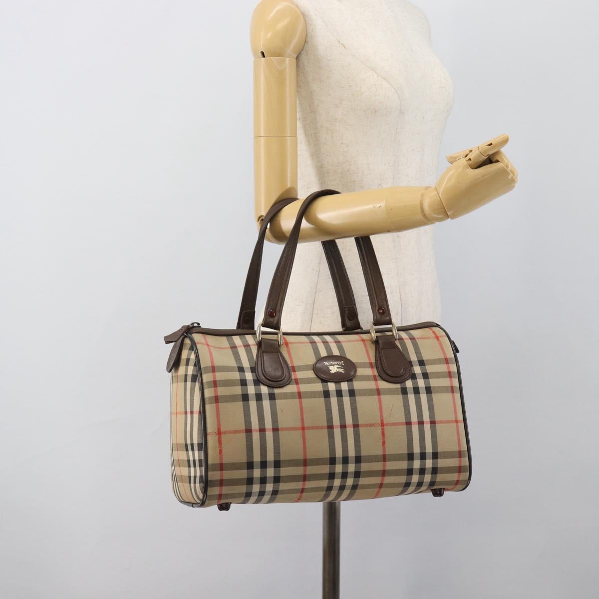 Burberrys Nova Check Boston Bag Canvas Beige Gold Auth bs36369