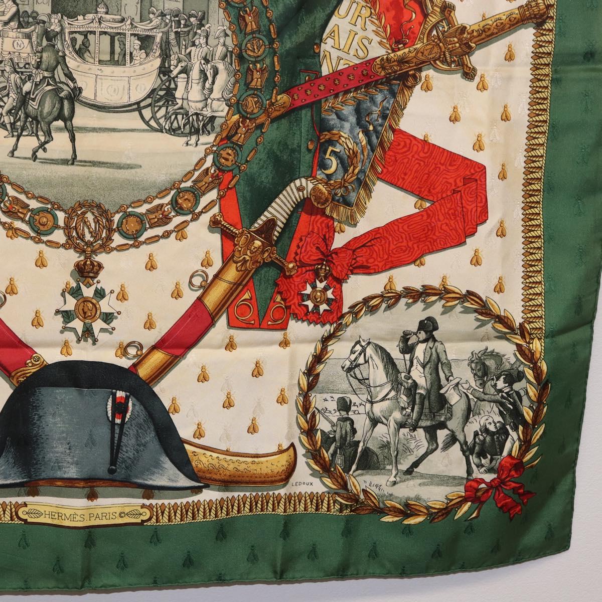 HERMES Carre 90 Scarf Silk ""NAPOLEON"" Green Beige Auth bs36385