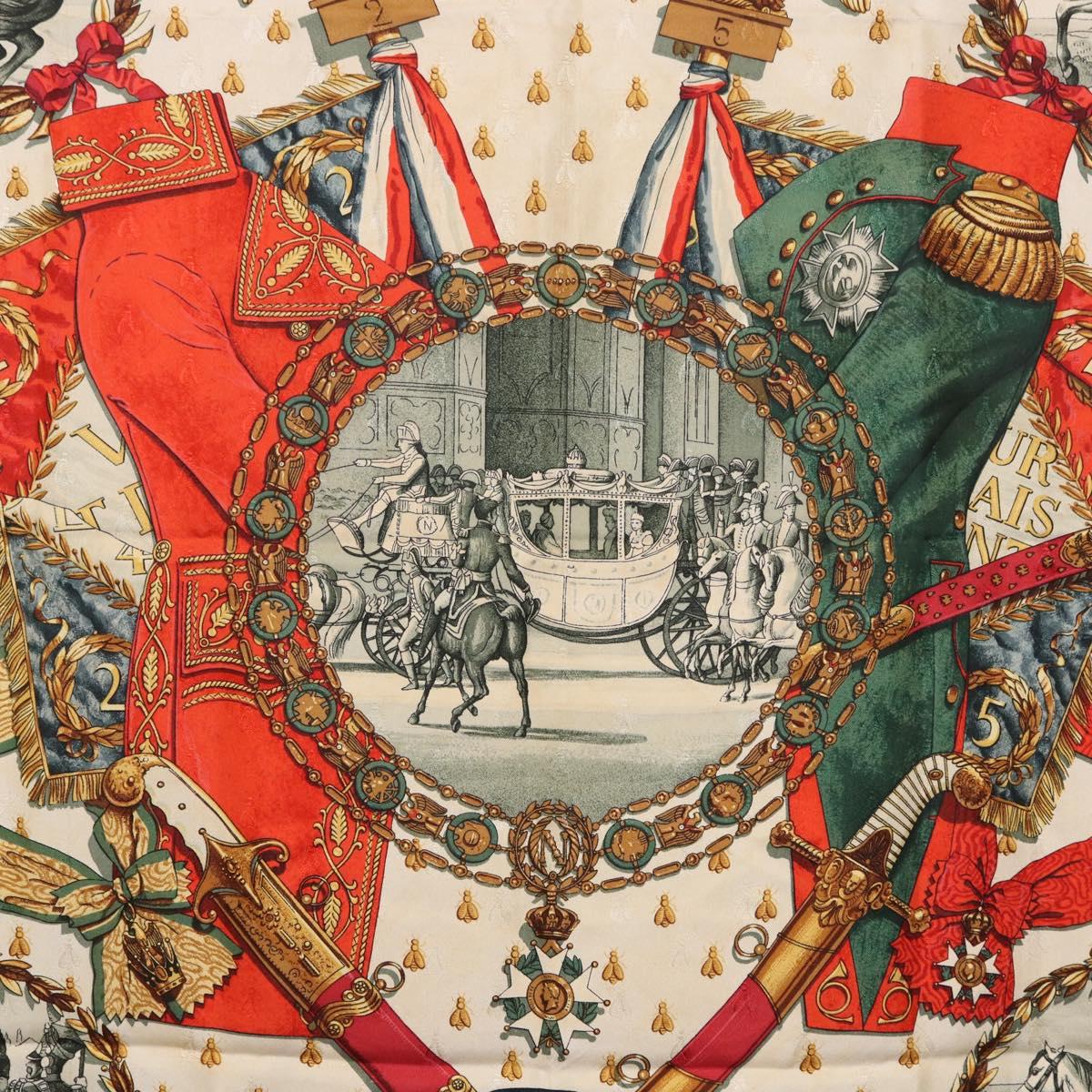 HERMES Carre 90 Scarf Silk ""NAPOLEON"" Green Beige Auth bs36385