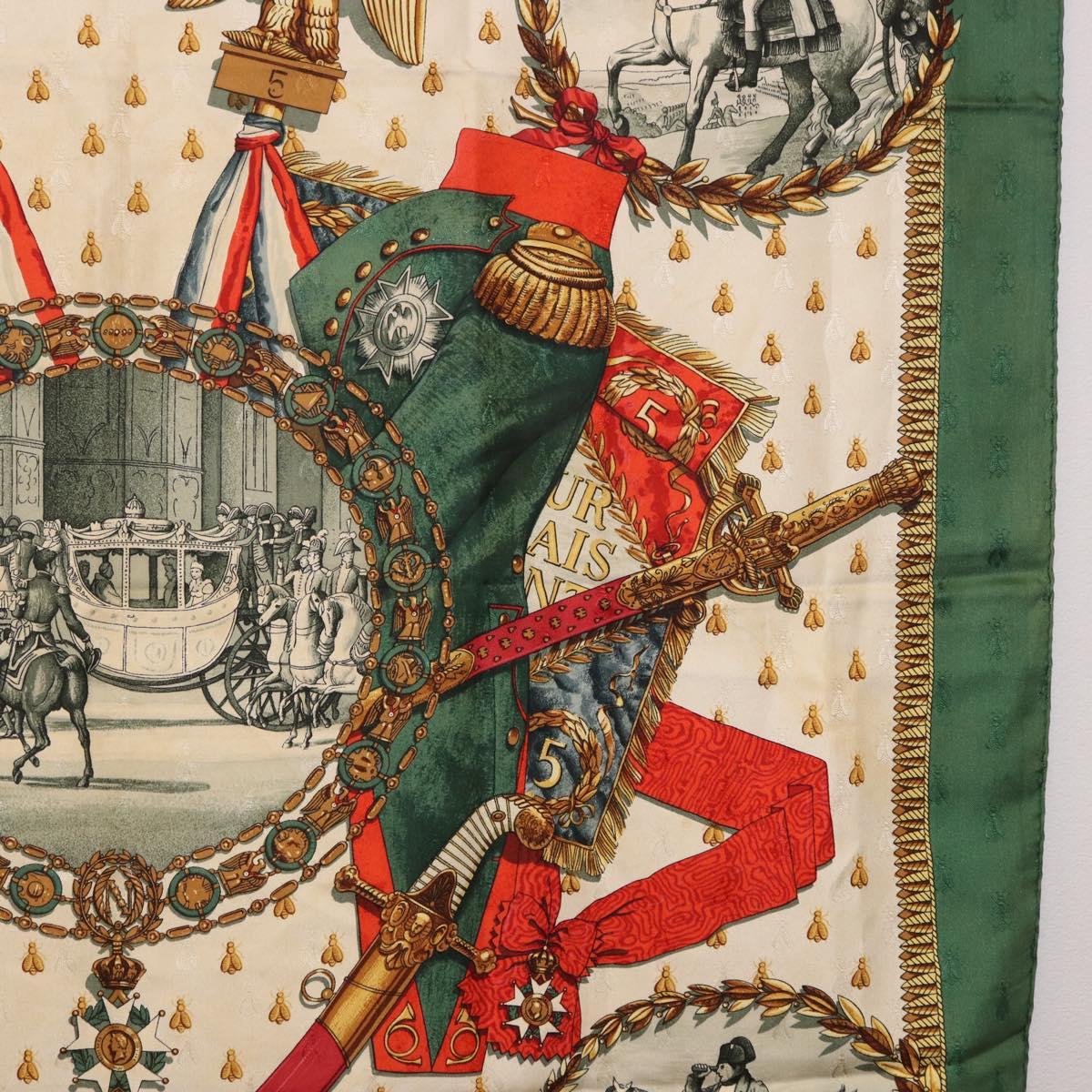 HERMES Carre 90 Scarf Silk ""NAPOLEON"" Green Beige Auth bs36385