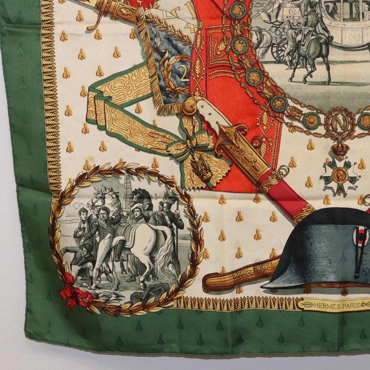HERMES Carre 90 Scarf Silk ""NAPOLEON"" Green Beige Auth bs36385