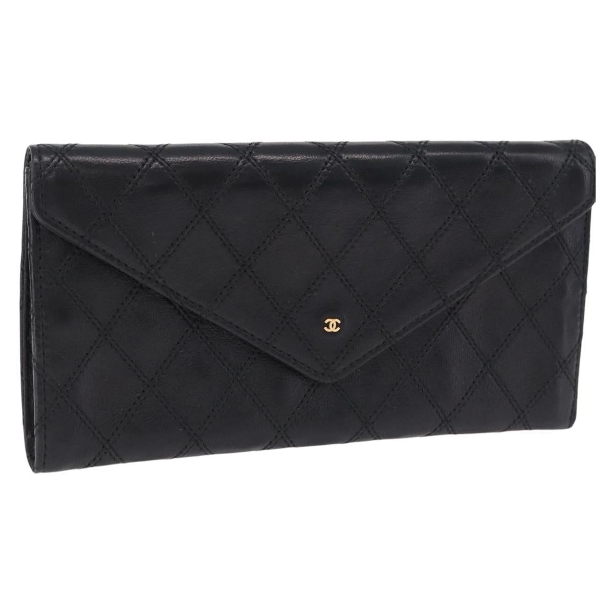 CHANEL Bicolore Long Wallet Lamb Skin Black Gold CC Auth bs36392A
