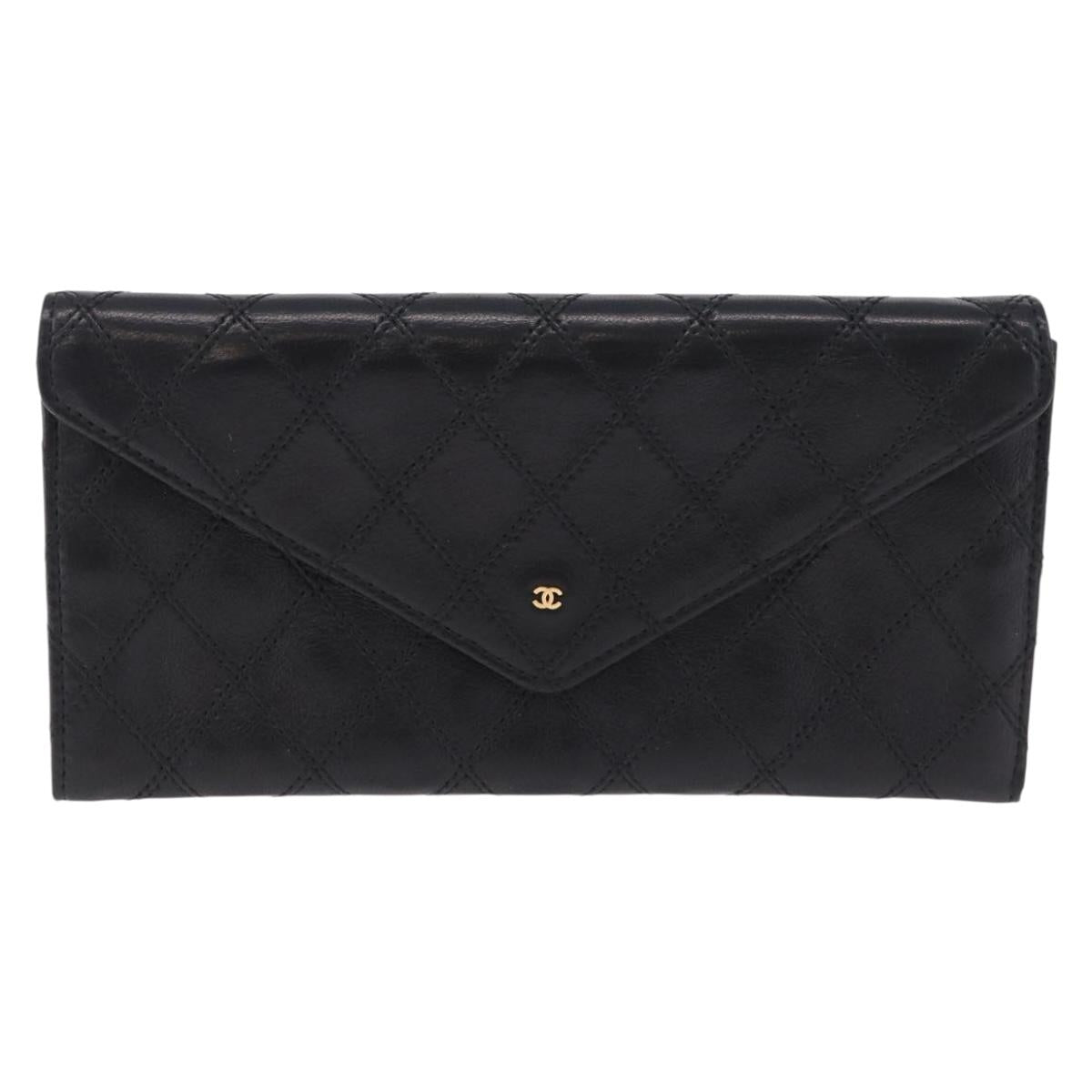 CHANEL Bicolore Long Wallet Lamb Skin Black Gold CC Auth bs36392A