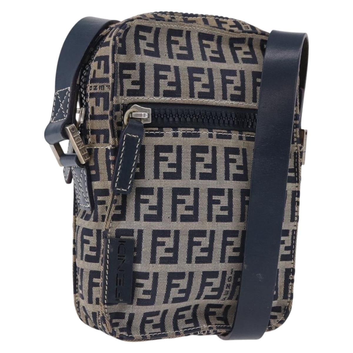 FENDI Zucchino Canvas Shoulder Bag Navy Silver Auth bs36393