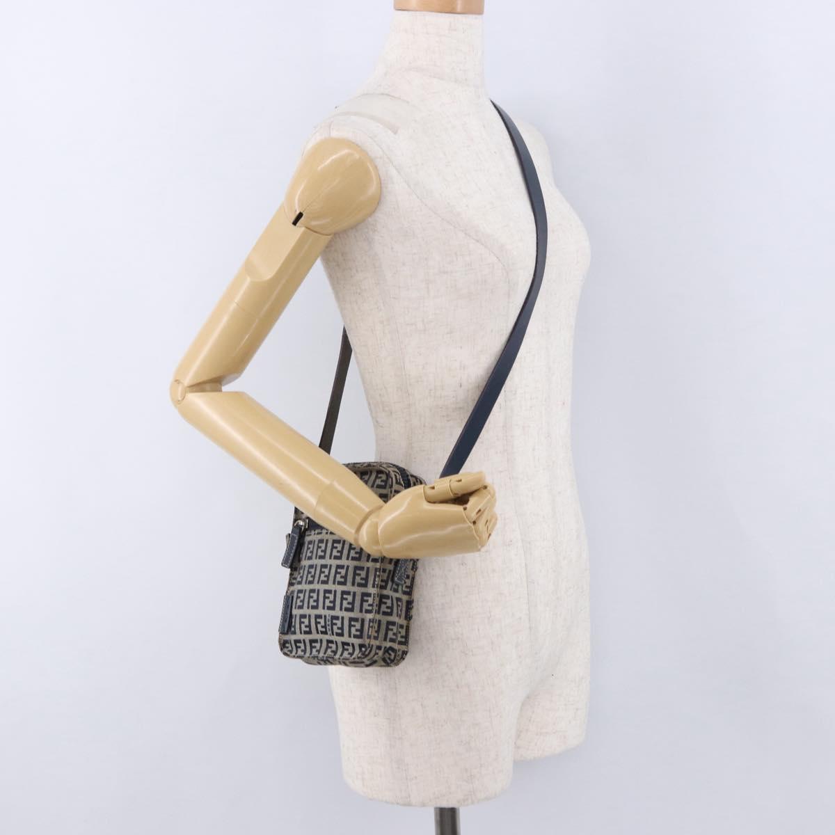 FENDI Zucchino Canvas Shoulder Bag Navy Silver Auth bs36393