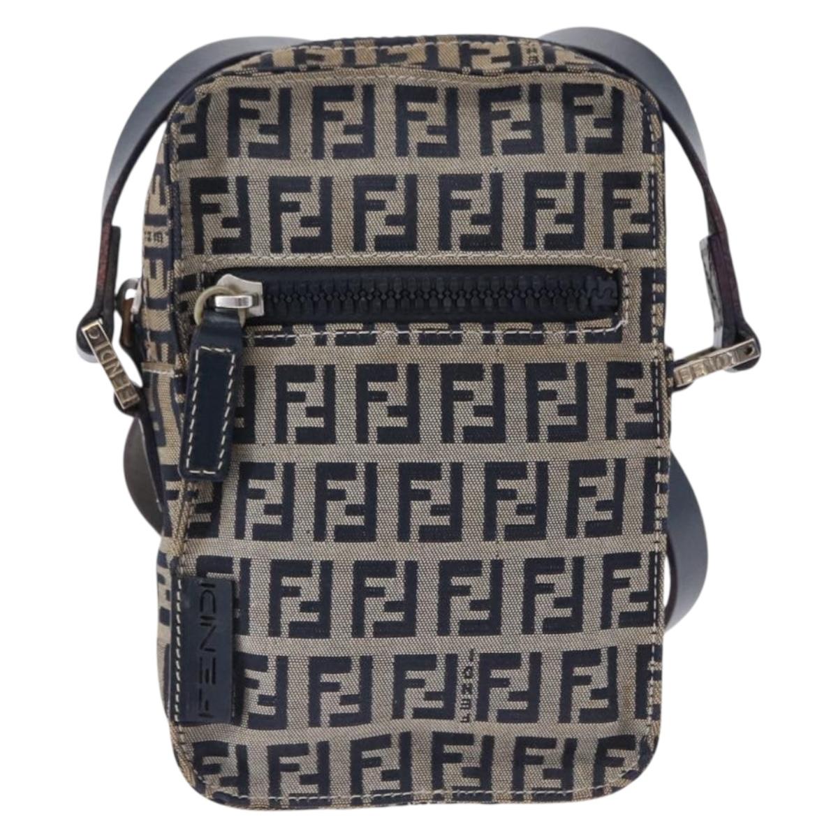 FENDI Zucchino Canvas Shoulder Bag Navy Silver Auth bs36393
