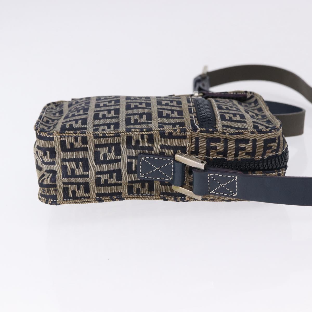 FENDI Zucchino Canvas Shoulder Bag Navy Silver Auth bs36393