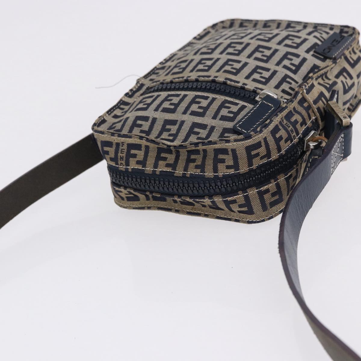 FENDI Zucchino Canvas Shoulder Bag Navy Silver Auth bs36393