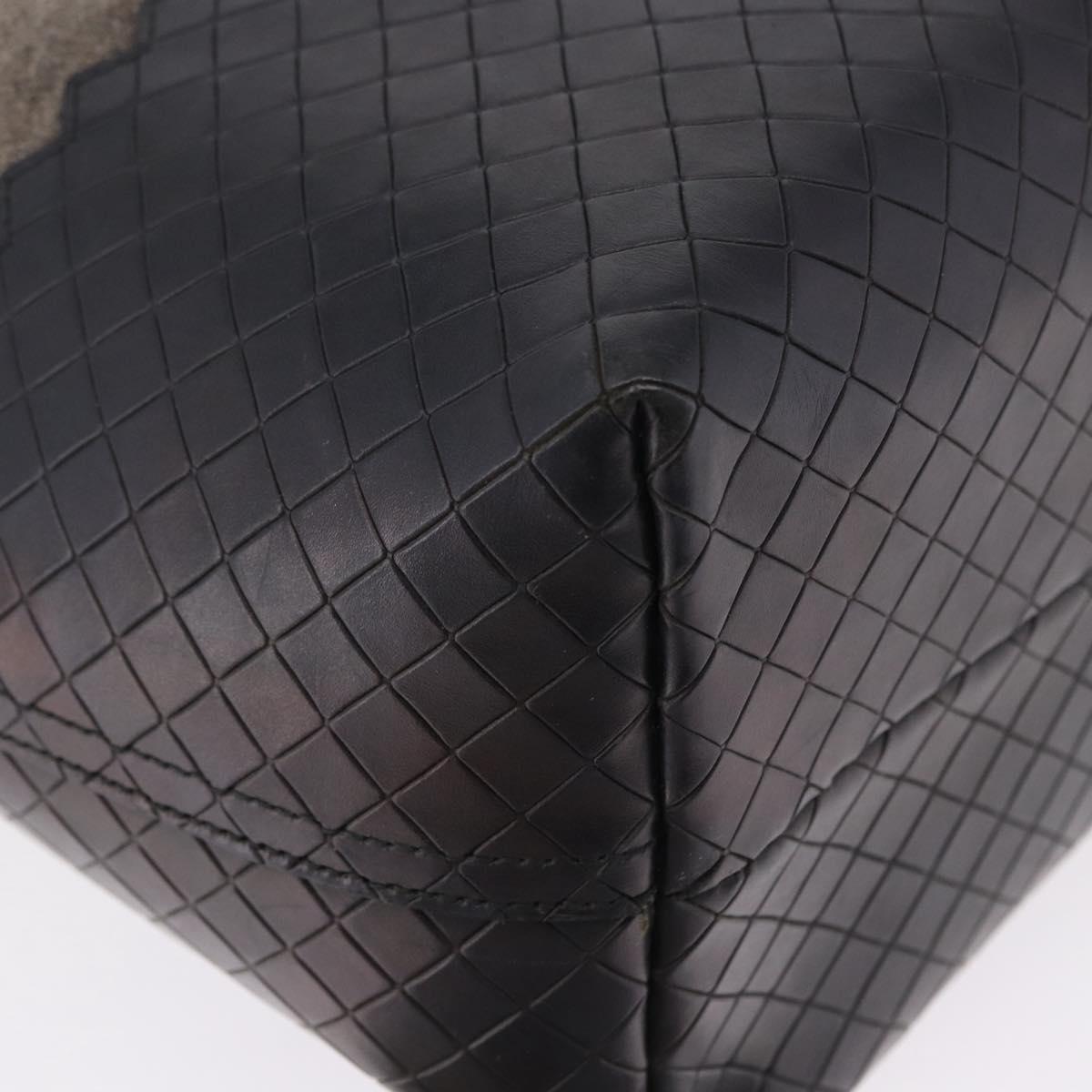 BOTTEGA VENETA INTRECCIATO Hand Bag Canvas Leather Black Beige Auth bs36395