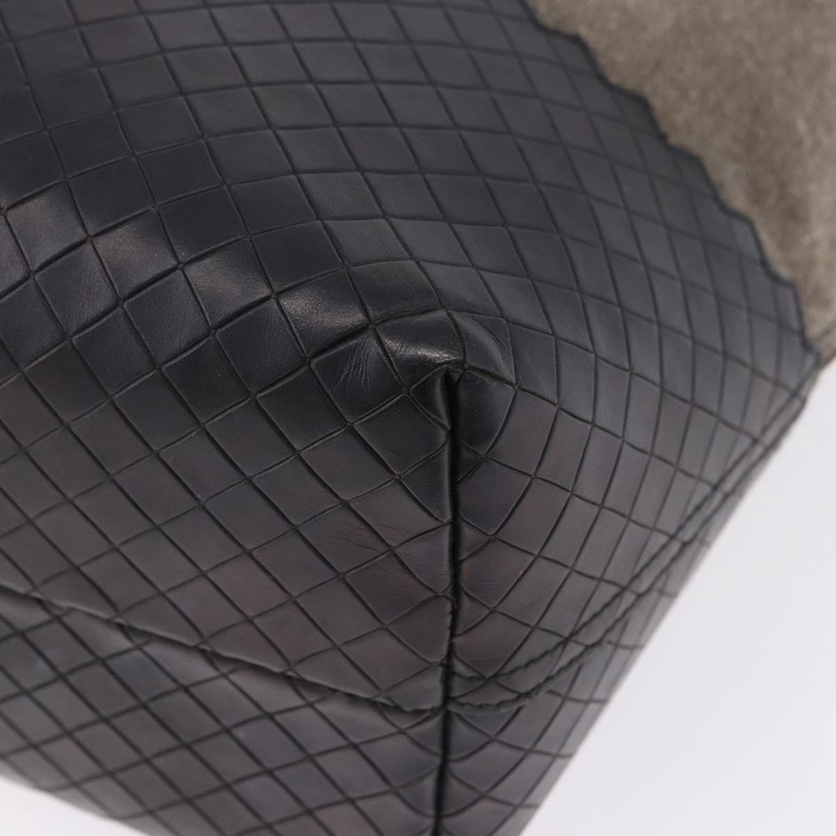BOTTEGA VENETA INTRECCIATO Hand Bag Canvas Leather Black Beige Auth bs36395