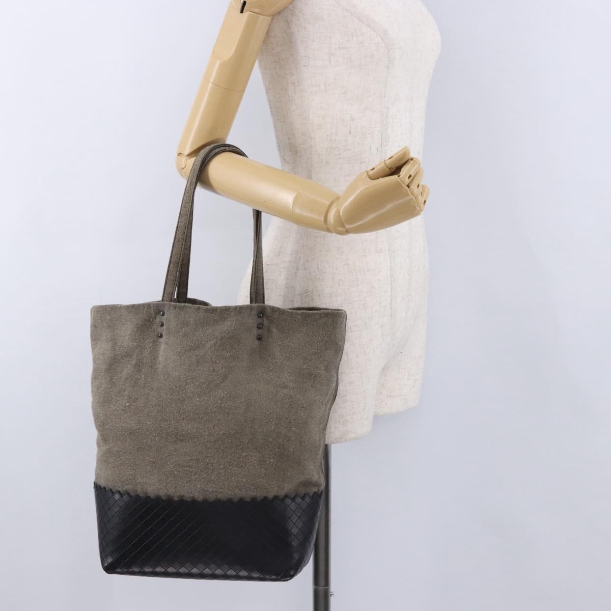 BOTTEGA VENETA INTRECCIATO Hand Bag Canvas Leather Black Beige Auth bs36395