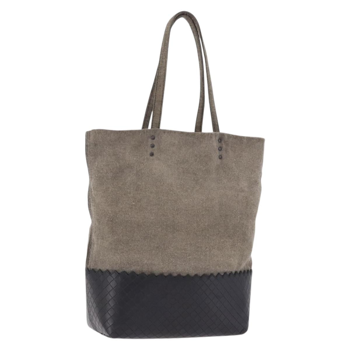 BOTTEGA VENETA INTRECCIATO Hand Bag Canvas Leather Black Beige Auth bs36395