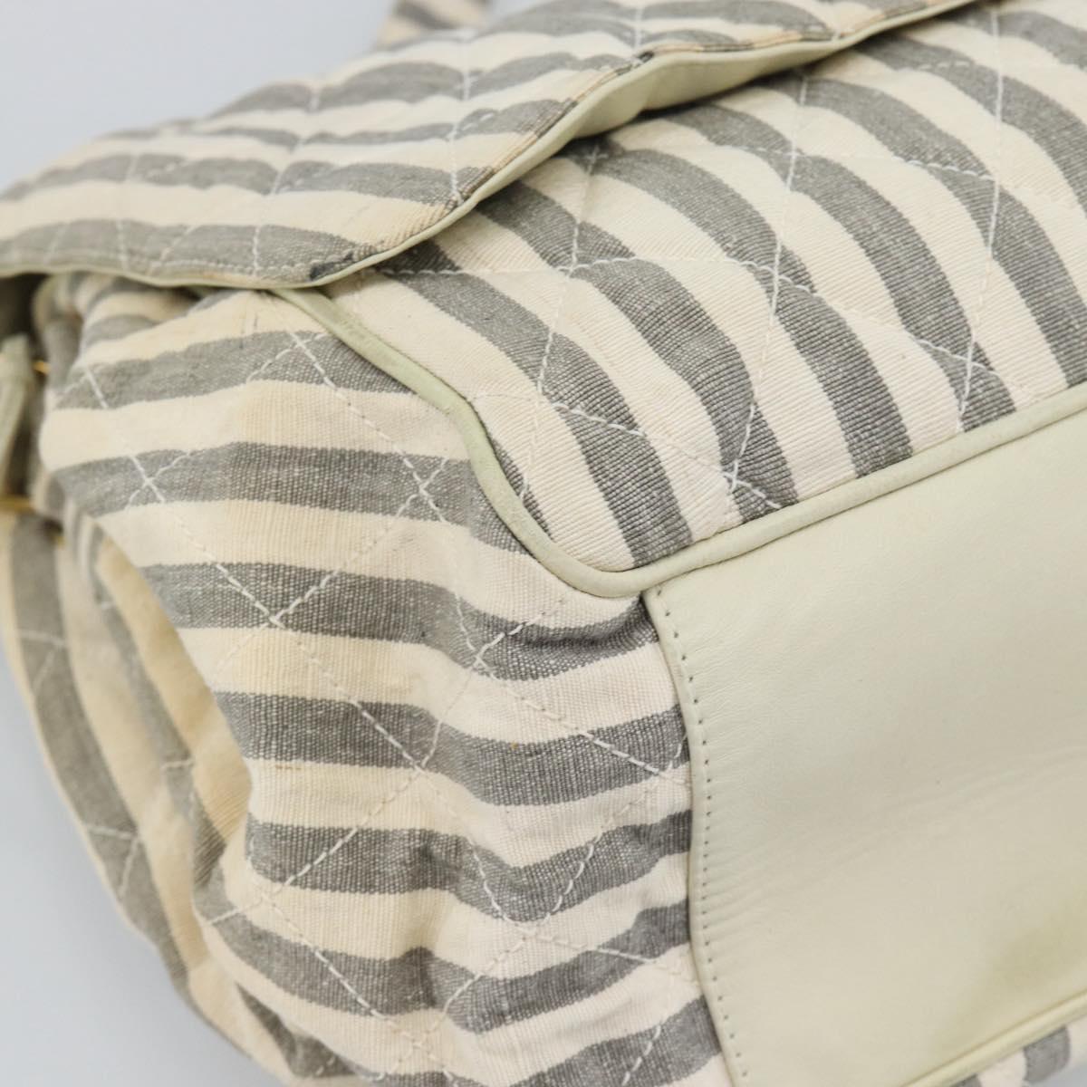 CHANEL Striped Matelasse Chain Shoulder Bag Canvas White Gray CC Auth bs3642