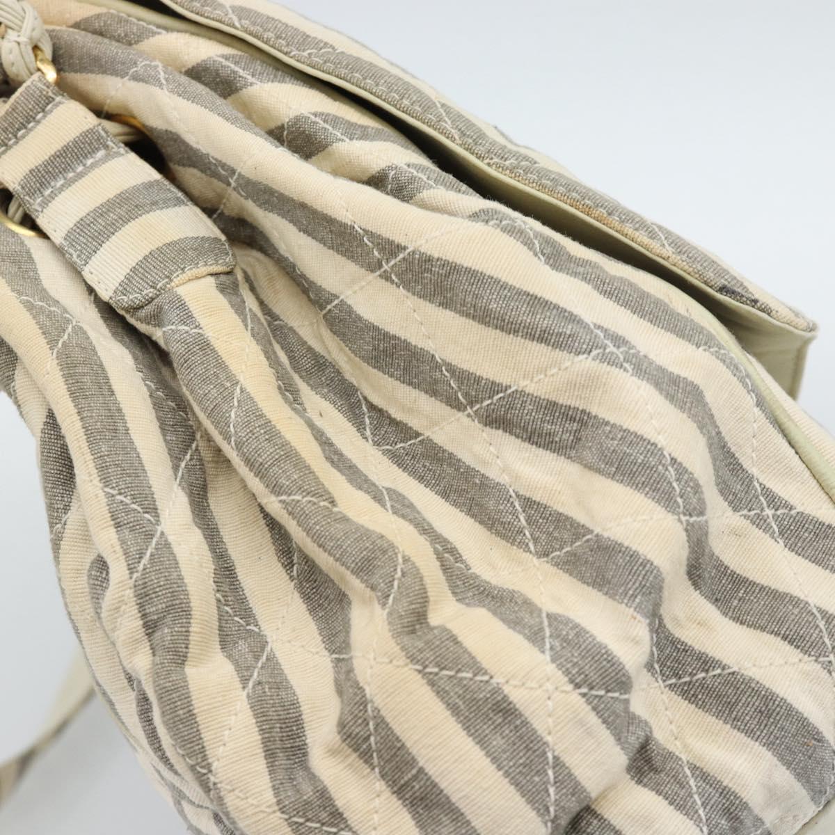 CHANEL Striped Matelasse Chain Shoulder Bag Canvas White Gray CC Auth bs3642