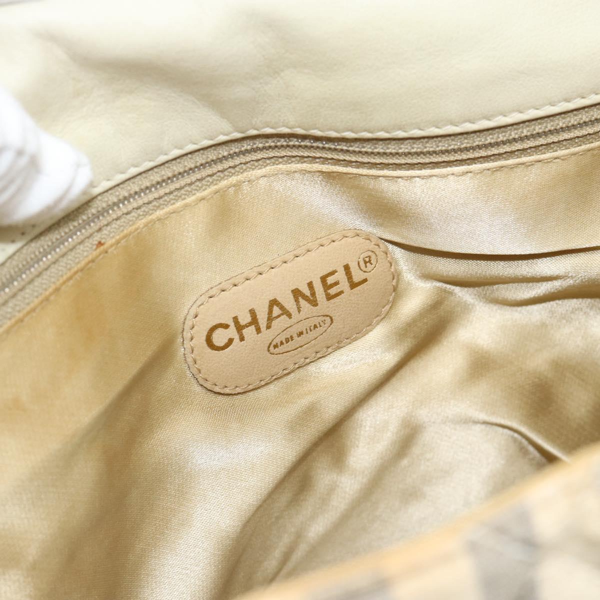 CHANEL Striped Matelasse Chain Shoulder Bag Canvas White Gray CC Auth bs3642