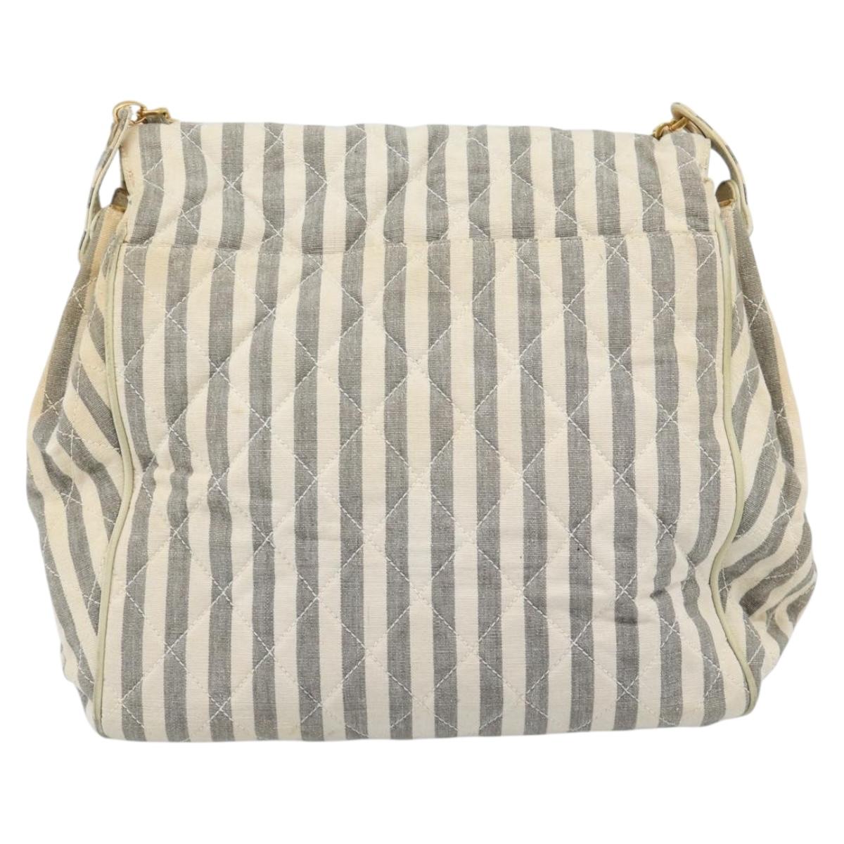 CHANEL Striped Matelasse Chain Shoulder Bag Canvas White Gray CC Auth bs3642