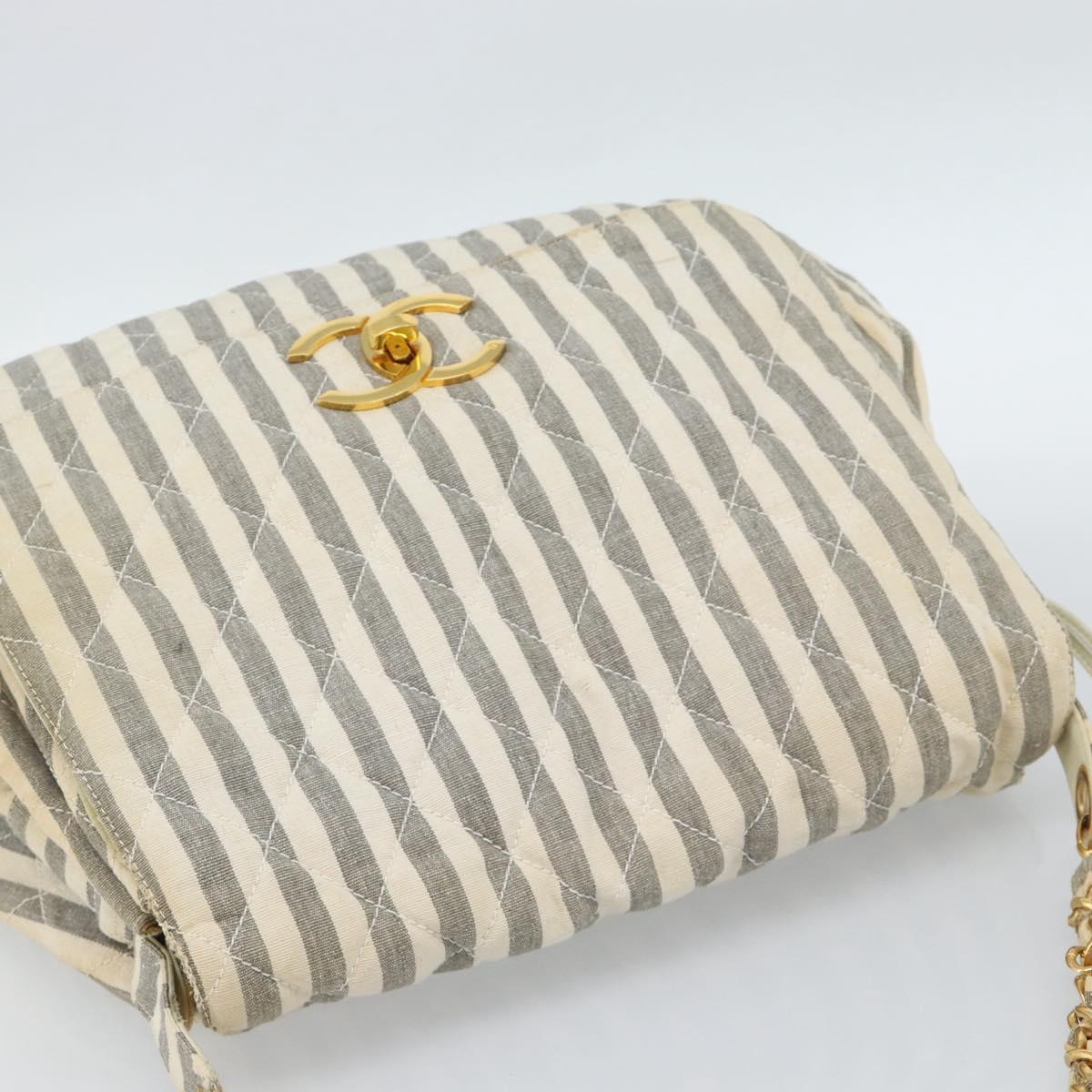 CHANEL Striped Matelasse Chain Shoulder Bag Canvas White Gray CC Auth bs3642
