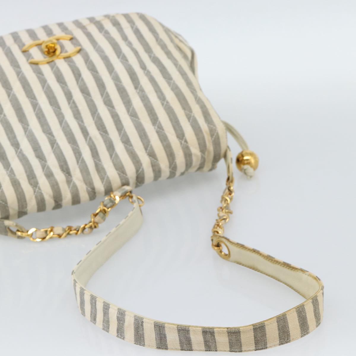 CHANEL Striped Matelasse Chain Shoulder Bag Canvas White Gray CC Auth bs3642
