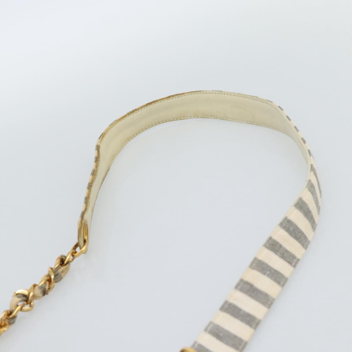 CHANEL Striped Matelasse Chain Shoulder Bag Canvas White Gray CC Auth bs3642