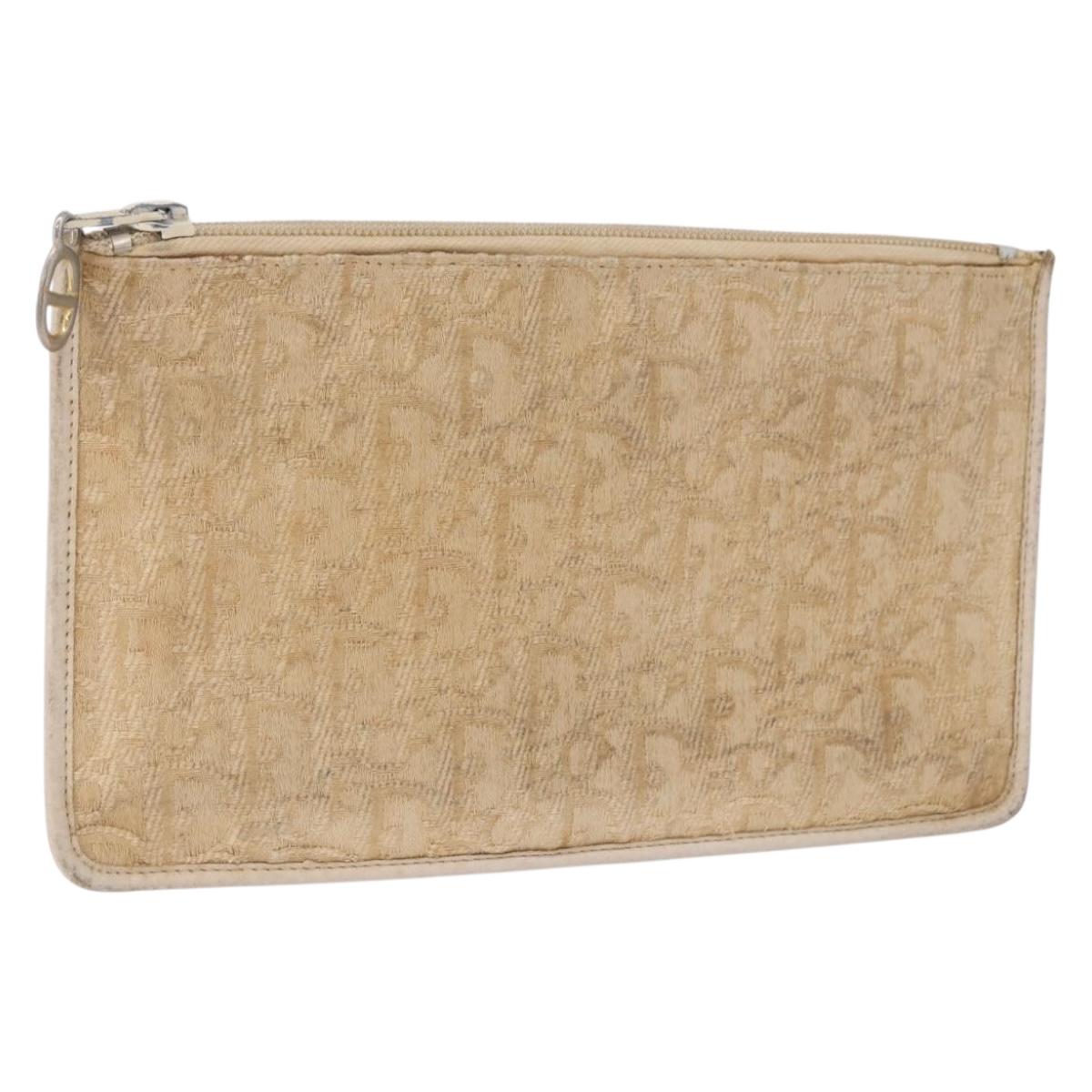 Christian Dior Trotter Canvas Pouch Beige Gold Auth bs36424