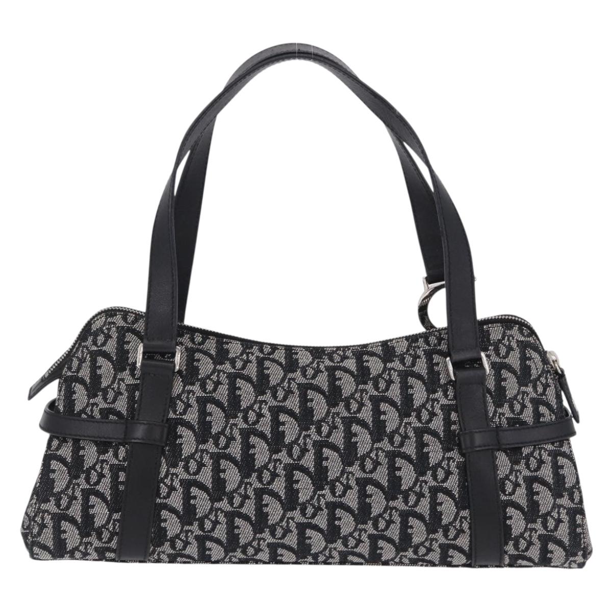 Christian Dior Trotter Canvas Hand Bag Black Silver Auth bs36425V
