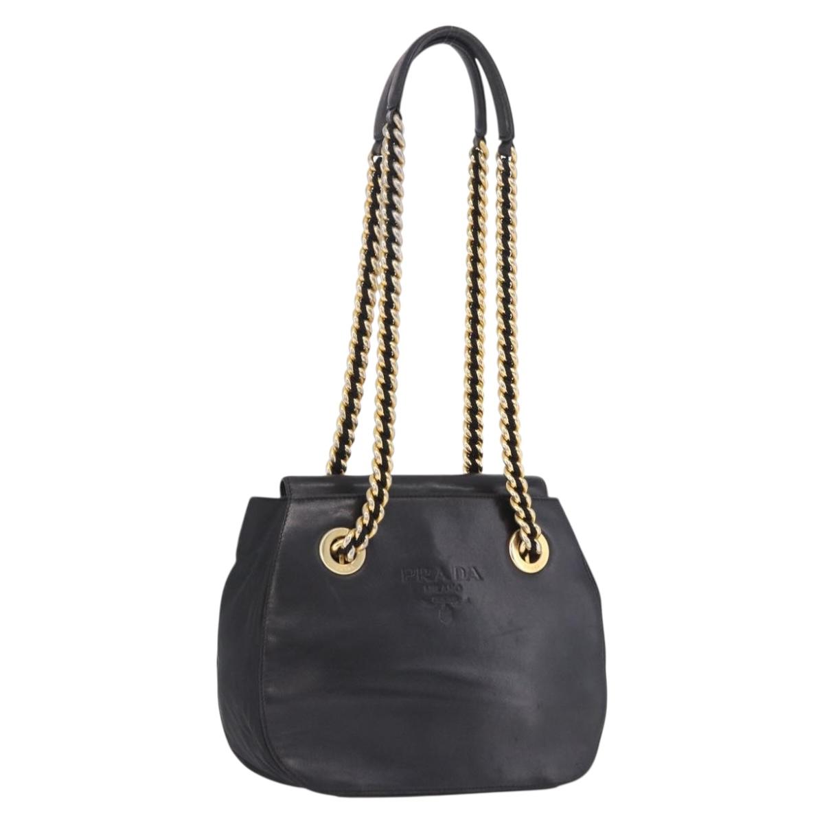 PRADA Chain Shoulder Bag Leather Black Gold Auth bs36432