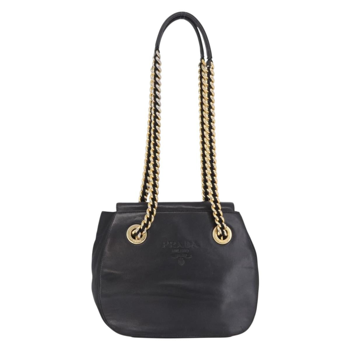 PRADA Chain Shoulder Bag Leather Black Gold Auth bs36432