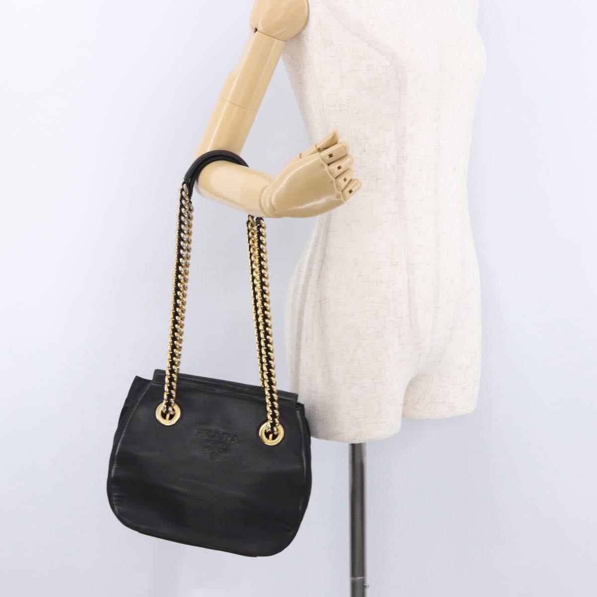 PRADA Chain Shoulder Bag Leather Black Gold Auth bs36432