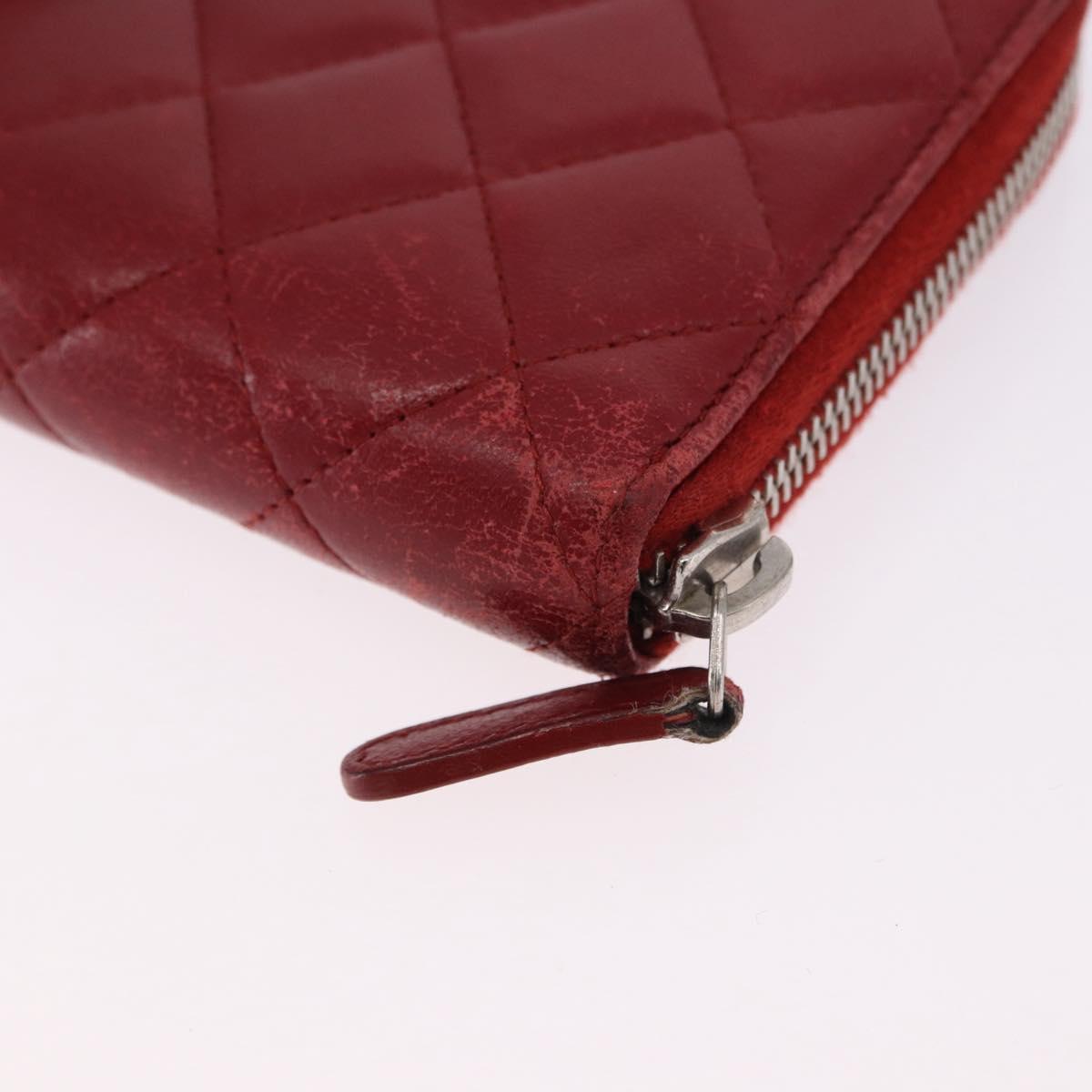 CHANEL Matelasse Long Wallet Lamb Skin Red Silver CC Auth bs36449