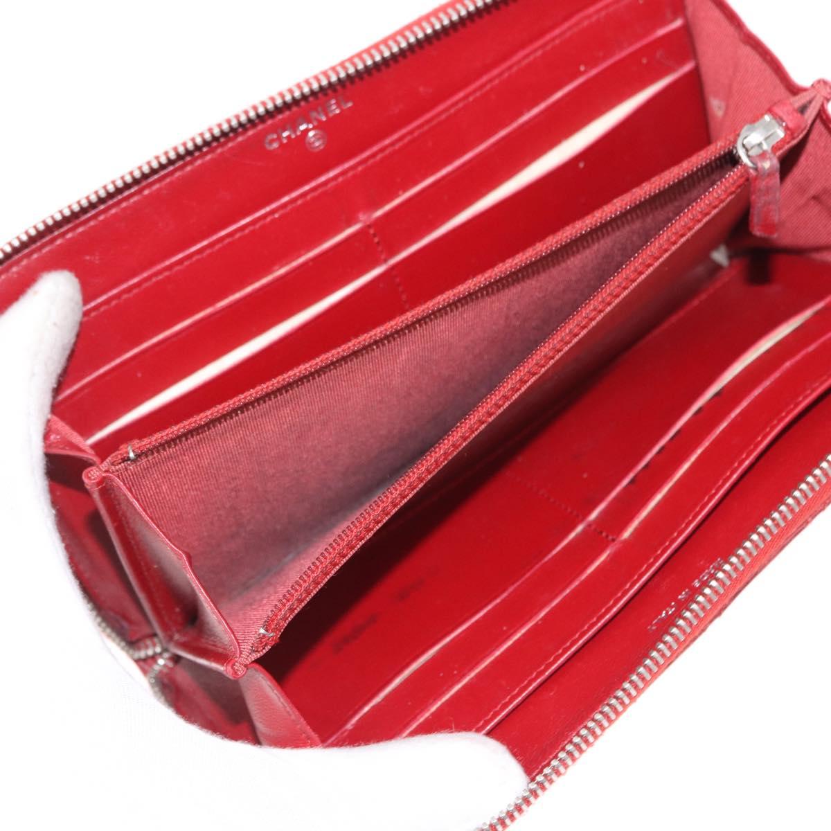 CHANEL Matelasse Long Wallet Lamb Skin Red Silver CC Auth bs36449