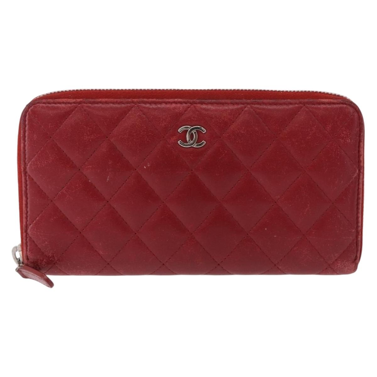 CHANEL Matelasse Long Wallet Lamb Skin Red Silver CC Auth bs36449
