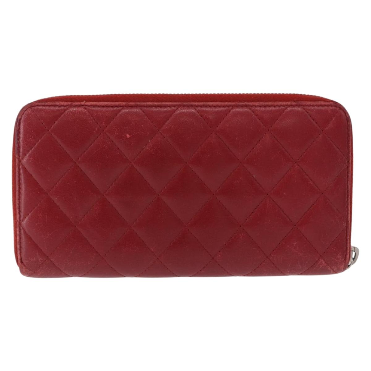 CHANEL Matelasse Long Wallet Lamb Skin Red Silver CC Auth bs36449