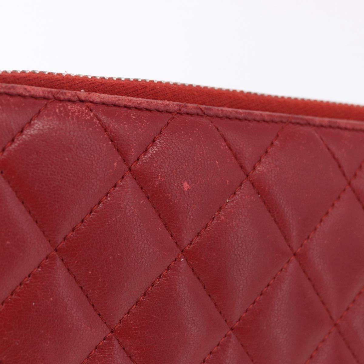 CHANEL Matelasse Long Wallet Lamb Skin Red Silver CC Auth bs36449