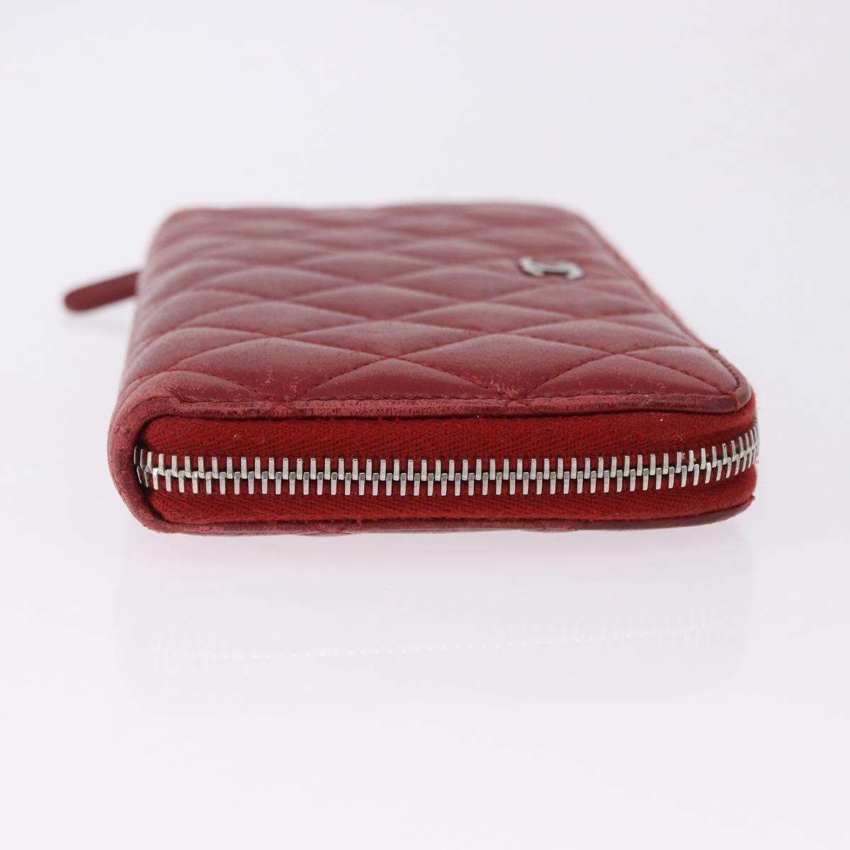 CHANEL Matelasse Long Wallet Lamb Skin Red Silver CC Auth bs36449
