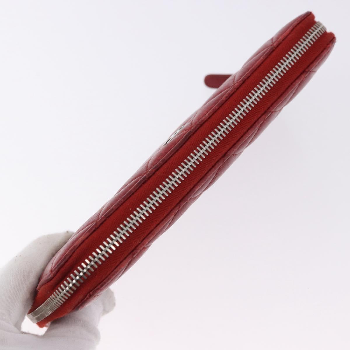 CHANEL Matelasse Long Wallet Lamb Skin Red Silver CC Auth bs36449