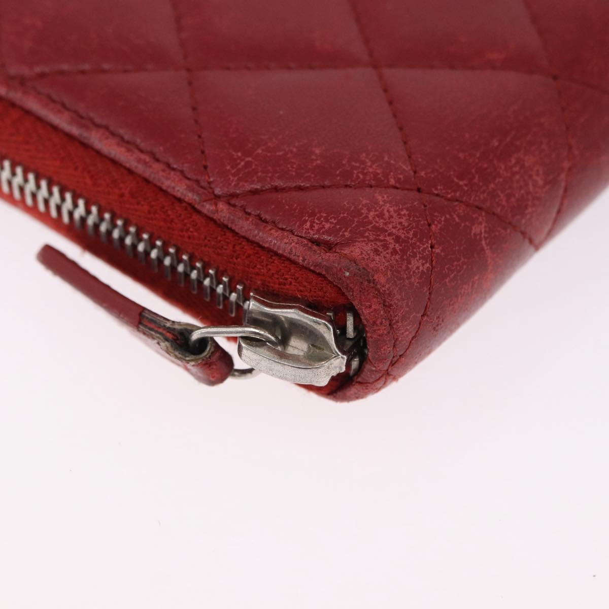 CHANEL Matelasse Long Wallet Lamb Skin Red Silver CC Auth bs36449