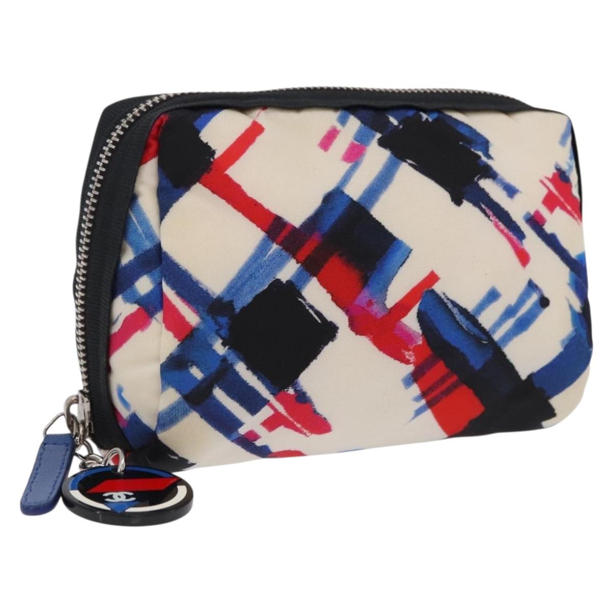 CHANEL Pouch Nylon White Silver CC Auth bs36450A