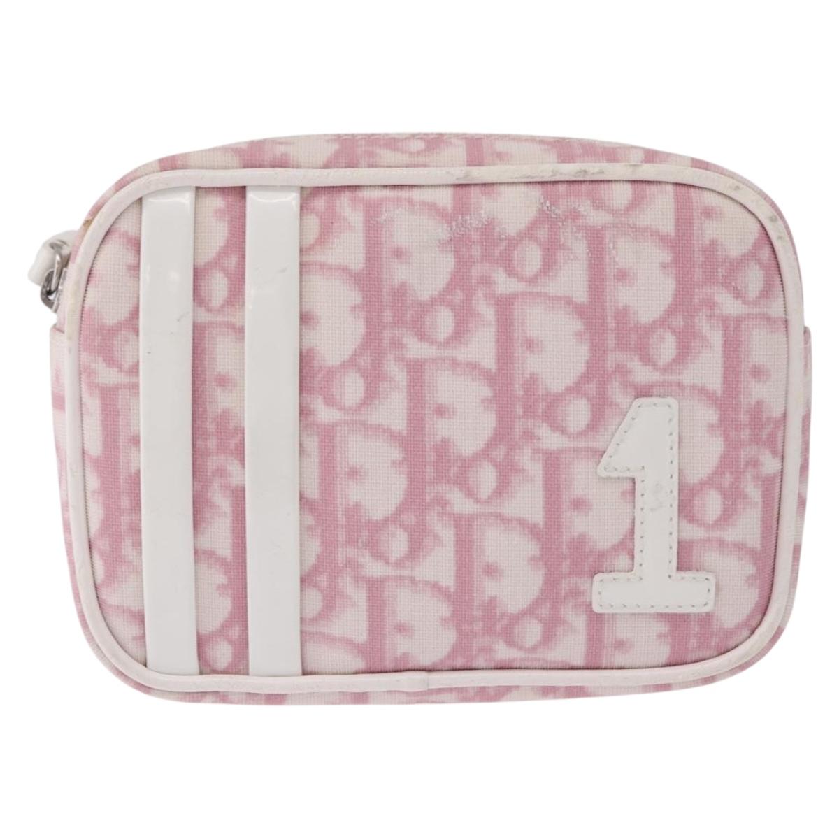 Christian Dior Trotter Canvas Pouch PVC Pink Silver Auth bs36488
