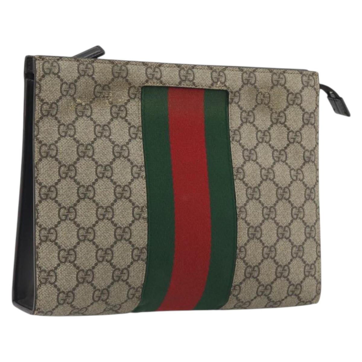 GUCCI GG Supreme Web Sherry Line Clutch Bag PVC Beige Silver 475316 Auth bs36489